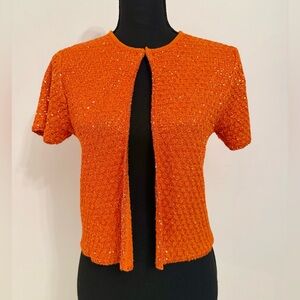 ZARA Textured Open-Front Cardigan – Orange with Gold Sparkles